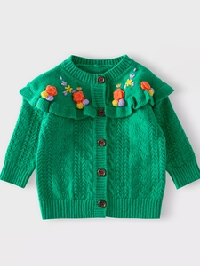 Vibrant green girls knit cardigan featuring floral embroidery and ruffle collar details