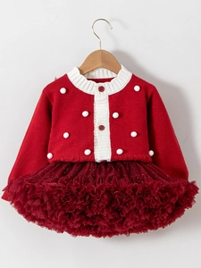 Ensemble Noël fille avec cardigan rouge à pompons et jupe tutu en tulle multicouche