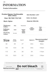 Size chart for girls' ballet dress with milk silk and mesh fabric measurements