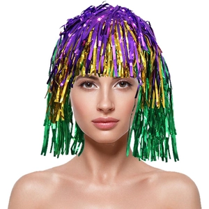 Mardi Gras party tinsel bob wig with purple gold green stripes and fringe bangs