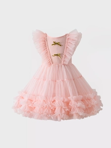 Girls Flutter Sleeve Princess Dress Layered Mesh Tutu Party Gown Gold Bow Accents Toddler Kids Formal Performance Dress