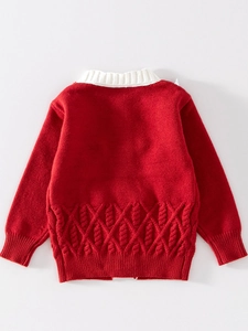 Cardigan en maille rouge pour fille avec col blanc et motifs torsadés pour Noël