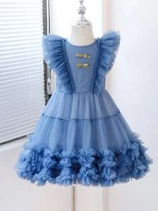 Navy blue sparkly mesh tulle princess dress for girls with golden bow accents