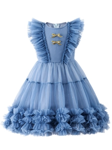 Elegantes blaues Mesh-Prinzessinnenkleid für Mädchen mit Pailletten-Schleifen und Glitzer