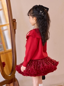 Girls red knit cardigan sweater set with burgundy gold star tulle skirt for Christmas