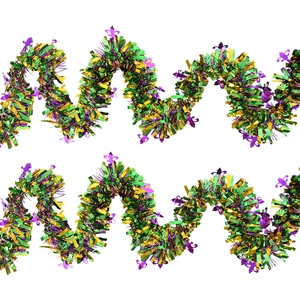 2M Mardi Gras tinsel garland in purple gold and green with fleur-de-lis accents