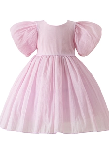 Robe de Princesse d'été pour Filles Manches Bouffantes en Tulle Couleur Unie Maille Robe de Fête Ligne A Enfants