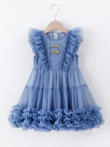 Girl's light blue princess tulle dress with flutter sleeves and gold sequin bow