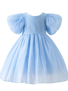 Robe de princesse bleu clair pour fille avec manches bouffantes et tissu plissé