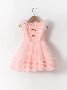 Pink flutter sleeve tulle dress for girls with golden sequin bows and ruffled layers