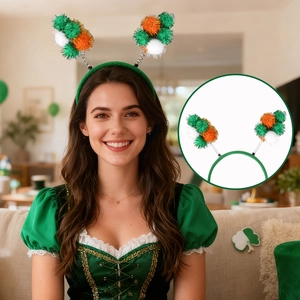 St. Patrick's Day headband with festive green orange and white tinsel pom-poms on springs