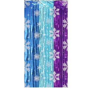 Three-color gradient foil fringe curtain with white snowflakes for Christmas party decor