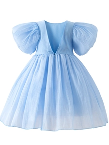 Robe princesse bleue pour fille avec manches bouffantes, dos en V et jupe en tulle