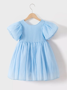 Robe princesse bleu ciel à manches courtes pour filles avec manches bouffantes et plis