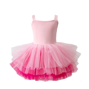 Detailed view of layered pink tulle skirt on a girls ballet leotard for dance practice