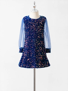 Navy blue girls long sleeve sequin dress with colorful glitter and mesh sleeves