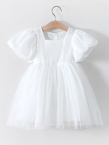 Elegant white mesh tutu princess dress with puff sleeves for toddlers and young girls