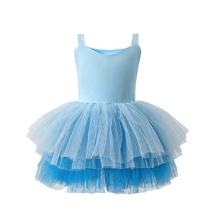 Detail of light blue girls' ballet tutu dress with tiered mesh layers and spandex bodice