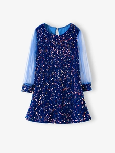 Royal blue girls long sleeve dress with colorful sequins and sheer mesh sleeves