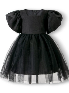 Elegant black puff sleeve princess dress for girls with multilayered mesh tulle skirt