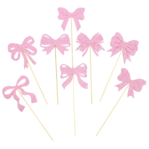 Pink glitter bow cupcake toppers for Valentine party cake decoration set of seven pieces
