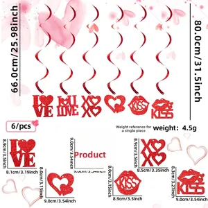 Gedetailleerde maattabel voor rode glitter hart-spiralen met LOVE en XOXO hangers