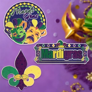Mardi Gras Holzschilder zum Aufhängen mit lila gold-grünen Lilien-Festmustern für Partys