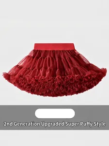 Jupe tutu multicouche rouge foncé pour filles avec maille dense et taille élastique large