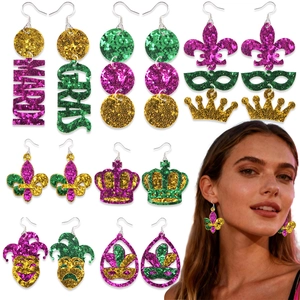 Mardi Gras Sequin Earrings Purple Green Gold Fleur De Lis Mask Crown Glitter Dangle Earrings For Carnival Costume Party Jewelry