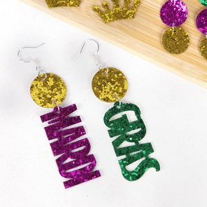 Sparkly Mardi Gras letter earrings with purple MARDI and green GRAS sequin pendants