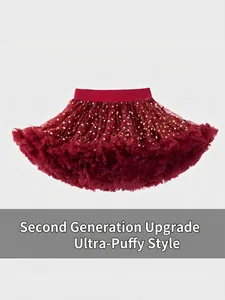 Jupe tutu de Noël bordeaux pour filles avec sequins étoiles dorées et tulle multicouche