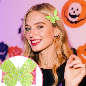 Funkelnde grüne Pailletten-Schmetterling-Haarspange mit rosa Rand für Wicked-Partys