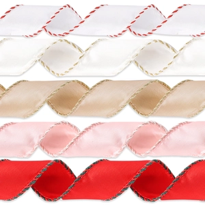 Detail of multi-color satin ribbons with decorative woven edges for holiday gift wrapping