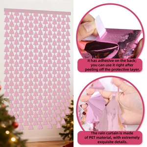 Pink PET Christmas tree fringe curtain with adhesive backing for party backdrop decoration