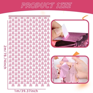 Pink foil fringe curtain with Christmas tree patterns, 2m x 1m self-adhesive backdrop decoration