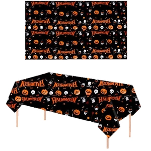 Halloween party tablecloth with pumpkin, ghost and skull prints on black background