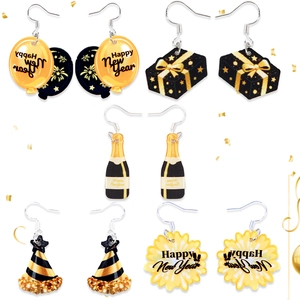 New Year 2026 Black Gold Acrylic Drop Earrings Happy New Year Balloon Gift Box Champagne Fireworks Hat Party Jewelry For Women