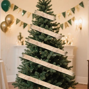 Close-up of champagne gold velvet ribbon with satin texture on a decorated Christmas tree