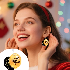 Black and gold New Year balloon acrylic drop earrings with Happy New Year print