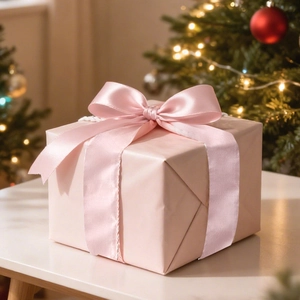 Pink Christmas gift box with elegant satin ribbon bow set against a warm bokeh background