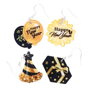Black and gold acrylic New Year earrings set with party balloons and festive hats