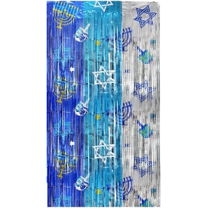 Rideau de Hanoukka à franges avec motifs de Menorah et de l'Étoile de David