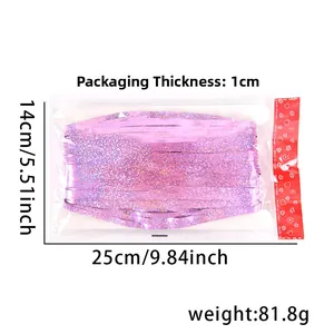 Detailed packaging dimensions of laser purple tinsel curtain showing 14x25cm size and 81.8g weight