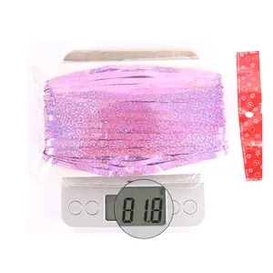 Detailed scale view showing the 81.8g weight of this laser purple tinsel foil fringe curtain