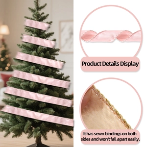 Pink Christmas ribbon with sewn edges wrapped on a tree for gift box decoration