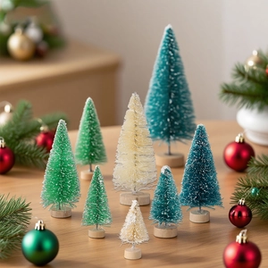 Mini sisal Christmas trees set with snow effect and wood bases for festive table decor
