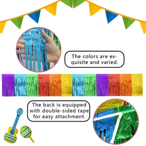 Rainbow foil fringe curtain for party backdrops with easy peel-and-stick adhesive