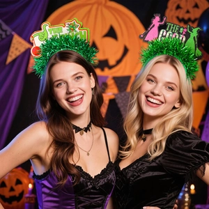 Detail of pink and green party headbands with festive lettering and character designs