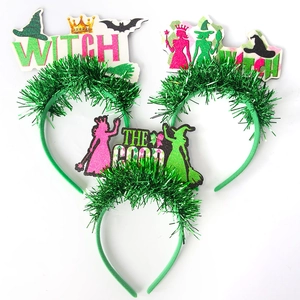 Set of three Wicked themed headbands with green glitter fringe and decorative cutouts