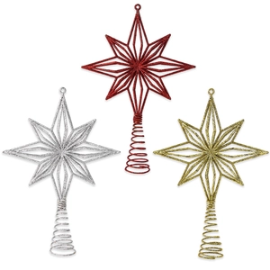Glitzernde hohle zehnzackige Weihnachtsbaumspitzen in Gold, Silber und Rot im Set